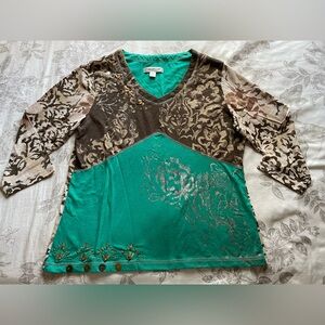 Y2K Teal Brown Embellished 3/4 Sleeve Top Medium‎ Fairycore Goblincore Phoebe
